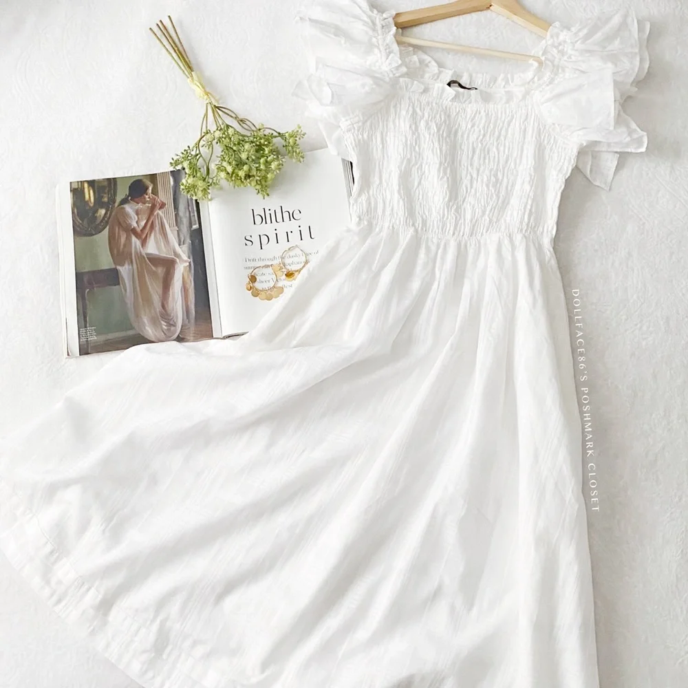 Banana Republic White Smocked Chest Fit & Flare Dress with Ruffle Sleeves - Picture 2 of 12